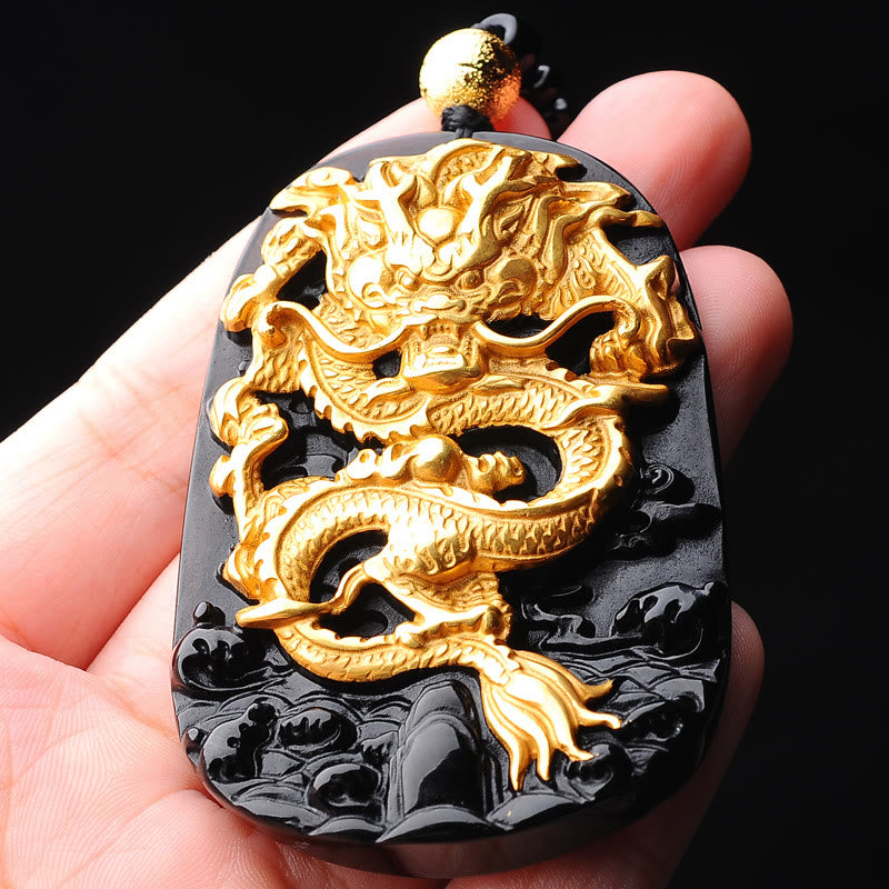 18k Gold-plated Obsidian Dragon Pendant Necklace 52cm