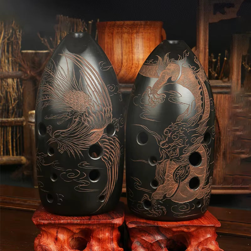 10 Holes Double Chamber Xun Vintage Dragon Phoenix Xun Black Ceramic Double Ocarina Flute Professional Musical Instruments Gifts