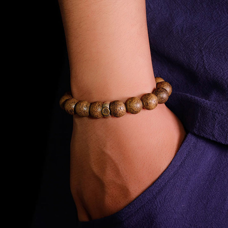Natural Agarwood Chinese Zodiac Peace Bracelet 12mm Beads