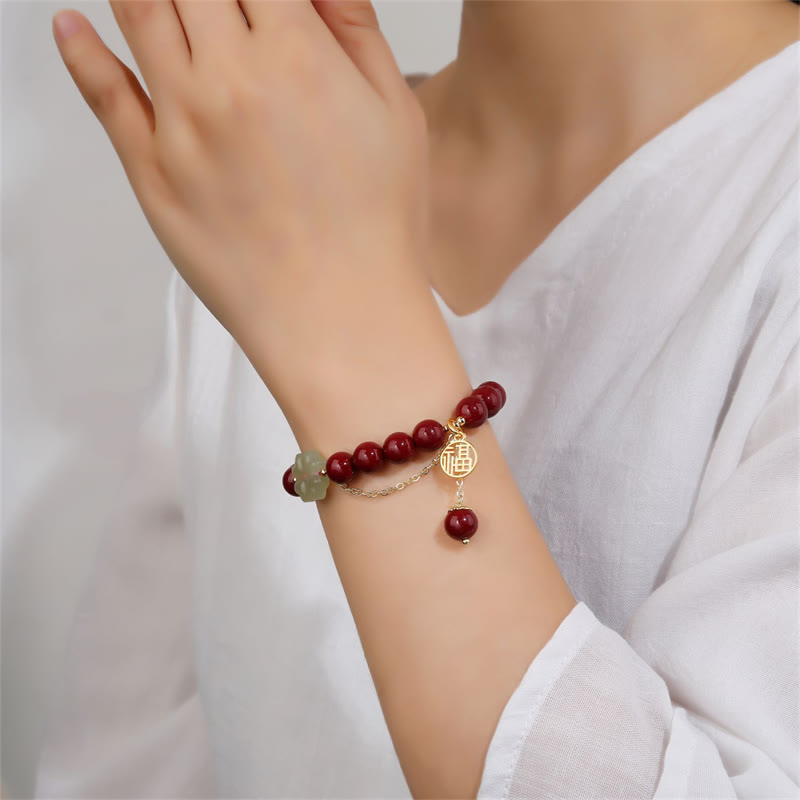 8mm Hetian Jade Jade Bracelet with Cinnabar Fu Blessing Charm