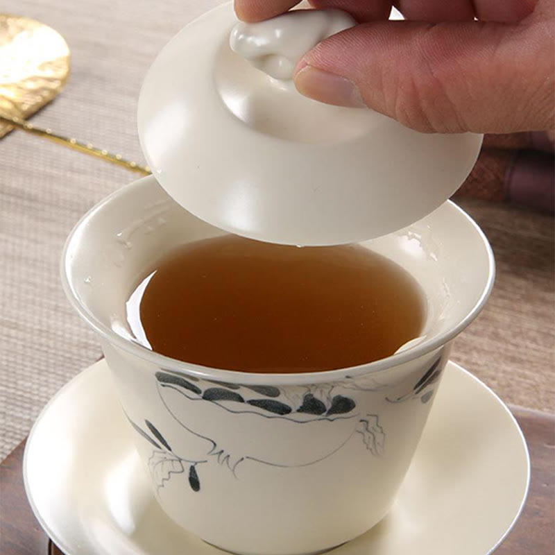 Hand Painted Ceramic Gaiwan Tea Cup With Lid 200ml | Zen Decor
