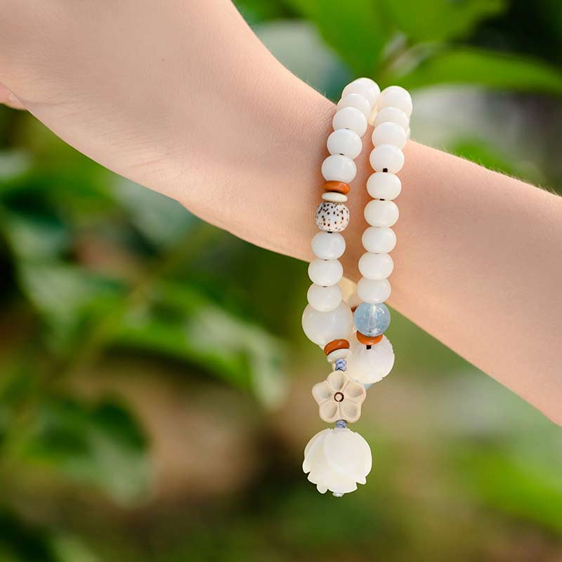 Unisex Lotus Bracelet with White Jade, Bodhi Seed & Blessings