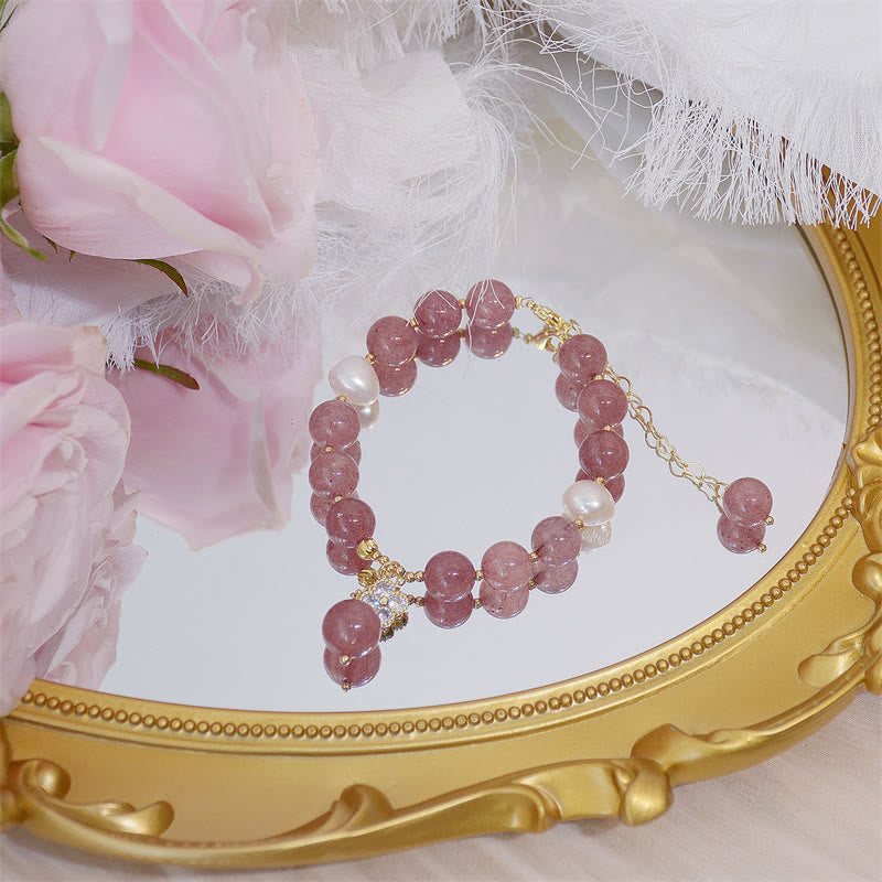 Strawberry Quartz Love Bracelet with Pearl and Four Leaf Clover Charm