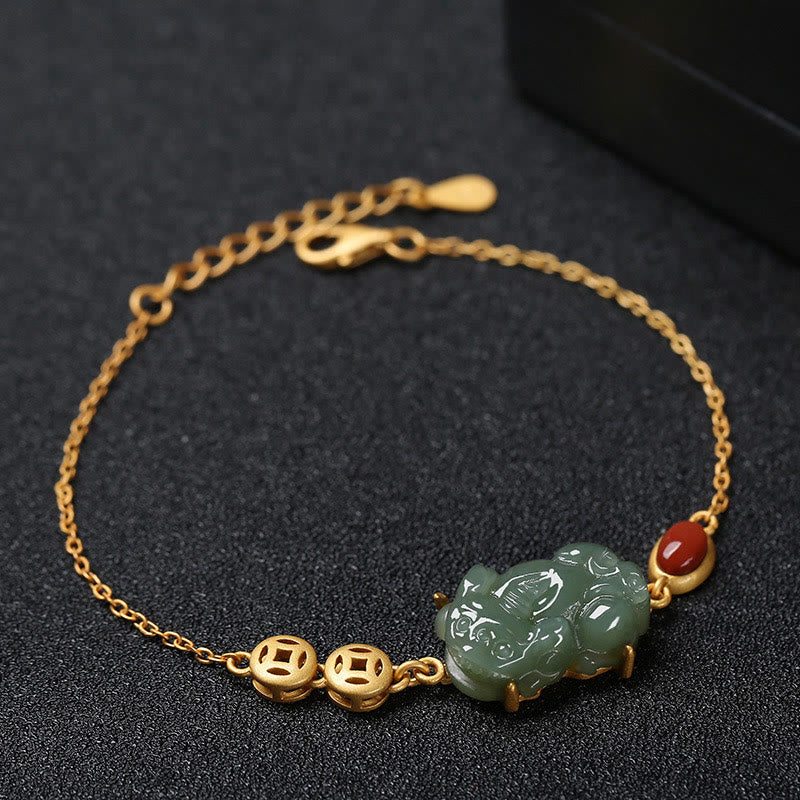 Pixiu Bracelet with Cyan Jade & Red Agate for Success