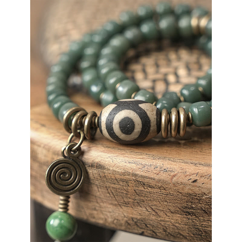 Unisex Cyan Bodhi Seed Dzi Bead Triple Wrap Bracelet