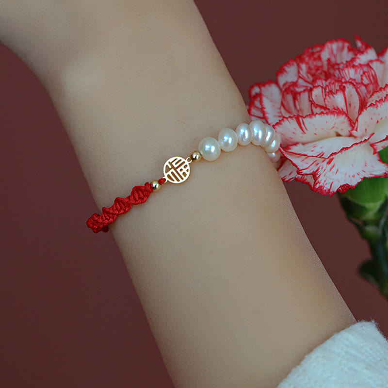 14K Gold Plated Pearl Luck Protection Red String Bracelet