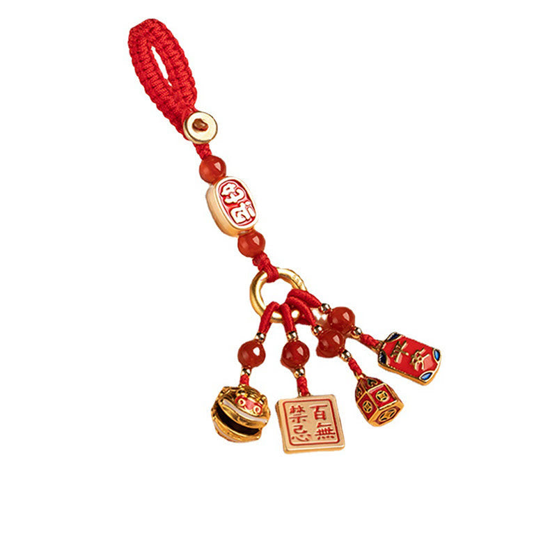 Copper Dancing Lion Wealth Key Chain for Car Hanging Charm