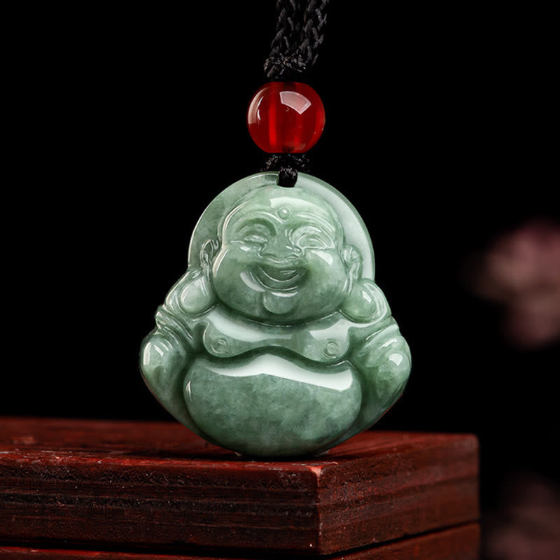 Green Jade Laughing Buddha Necklace for Luck & Abundance