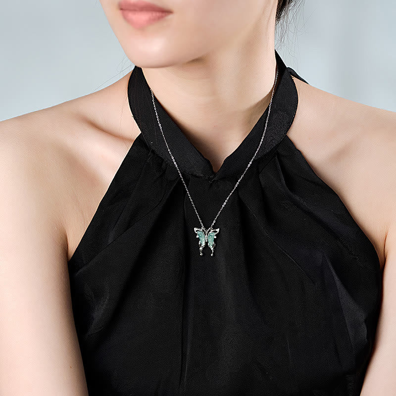 925 Sterling Silver Green Jade Butterfly Luck Necklace