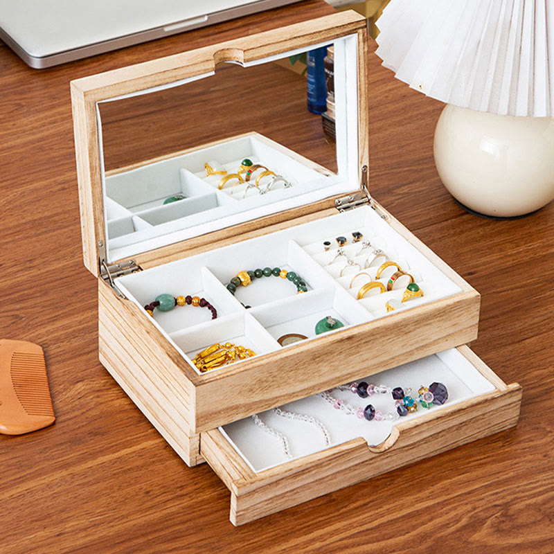 Two-Layer Beige Wooden Jewelry Box with Mirror | Spiritual Home Accents