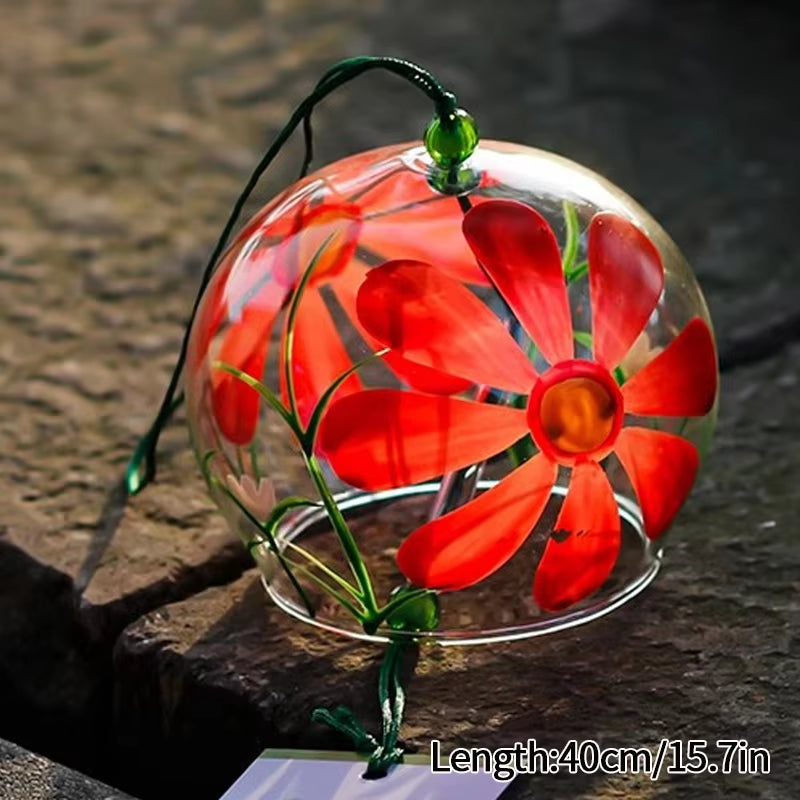 Glass wind chime with red flower design in clear dome for Japanese outdoor decor