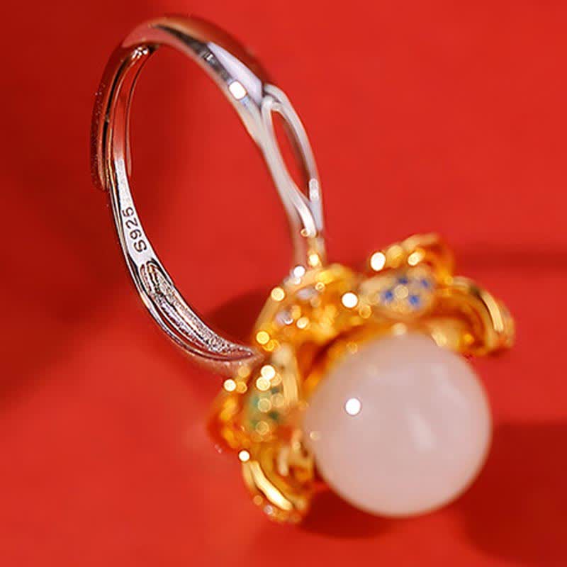 10mm White & Cyan Jade Lotus Flower Success Ring