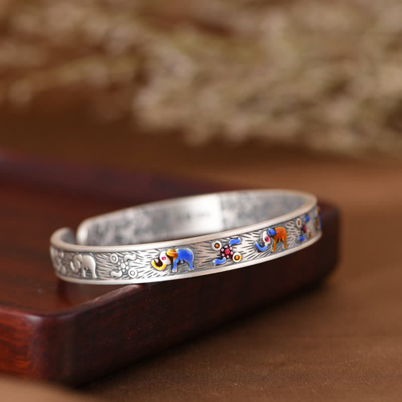 999 Sterling Silver Elephant Strength Wisdom Bracelet Cuff