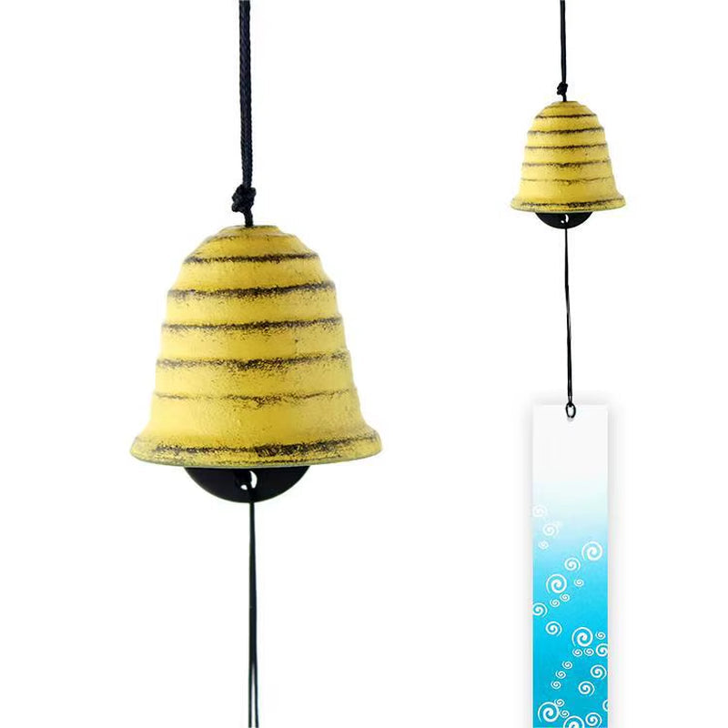 Yellow striped bell-shaped wind chime with blue glass ornament for garden decor