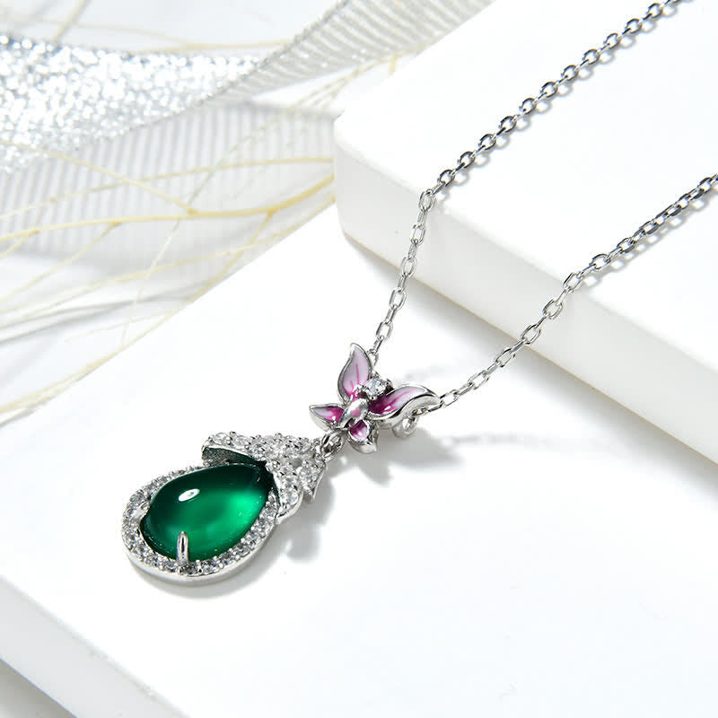 Unisex Green Chalcedony Butterfly Courage Necklace in Silver or Rose Gold
