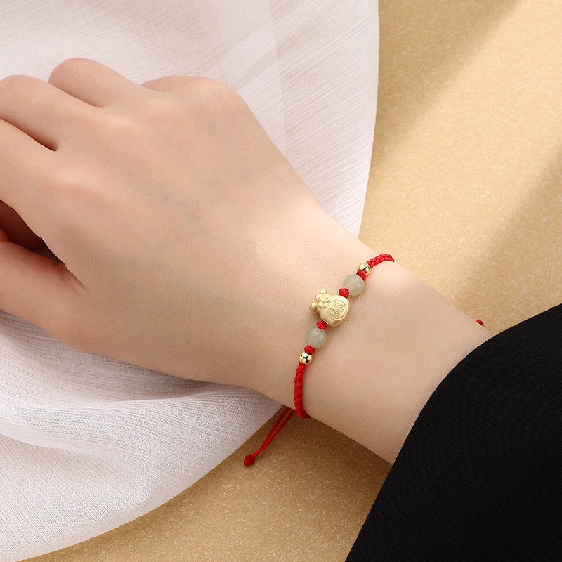 Fu Character Lucky Jade Bead Braided Unisex Bracelet