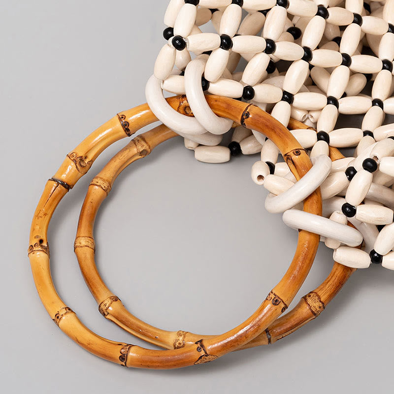 Hand-woven Wooden Beads Shoulder Bag with Bamboo Handle