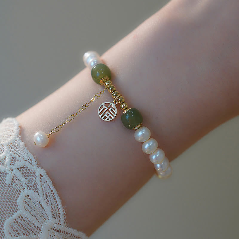 Hetian Jade Pearl Bead Bracelet for Happiness & Wisdom