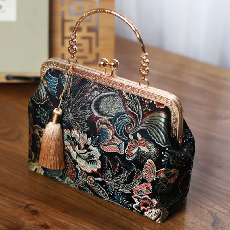 Vintage Flower Butterfly Crane Sea Waves Metal Chain Shoulder Bag