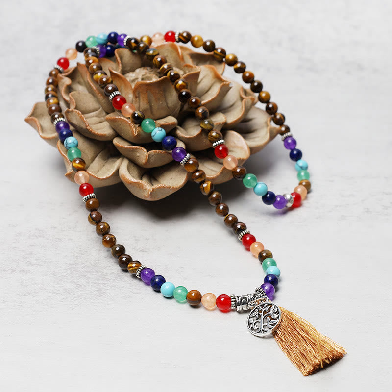 Unisex 108 Bead Mala Necklace with Amethyst & Tiger Eye Healing Beads