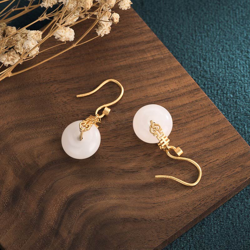 White Jade Double Happiness Fortune Earrings 1.34in Drop