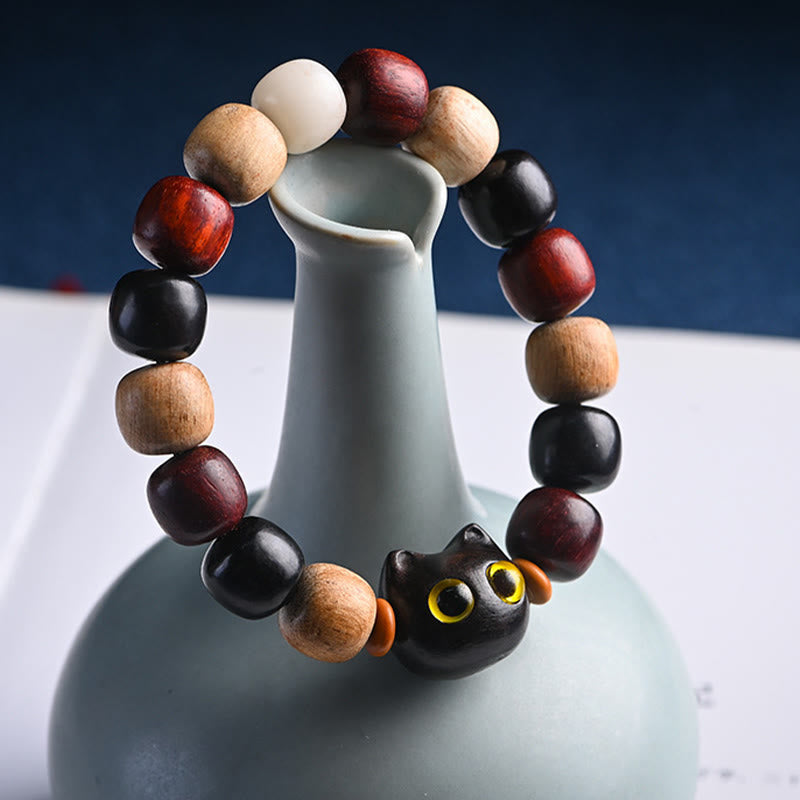 Ebony Wood Protection Bracelet with Small Leaf Red Sandalwood Cat Charm