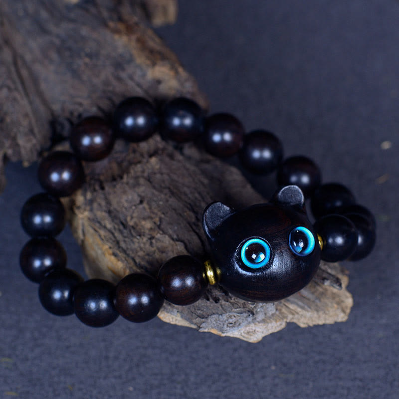 Ebony Wood Peace & Balance Bracelet with Cat Motif