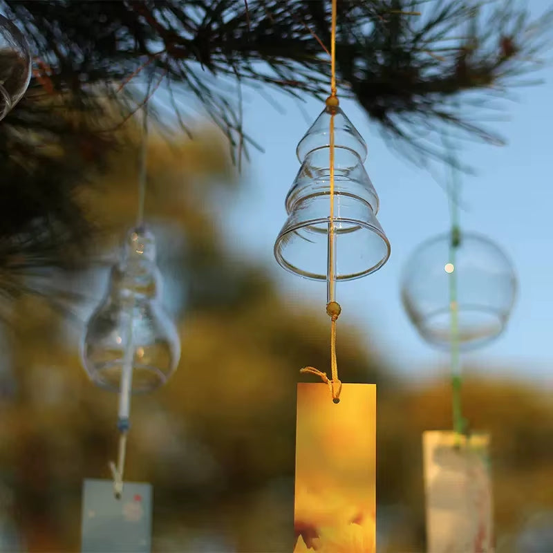 Japanese Glass Wind Chime featuring a glass spiral ornament with hanging tag