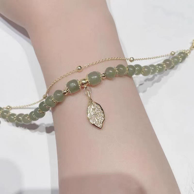 Jade Luck Beaded Bracelet with Leaf, Tulip & Fu Symbol