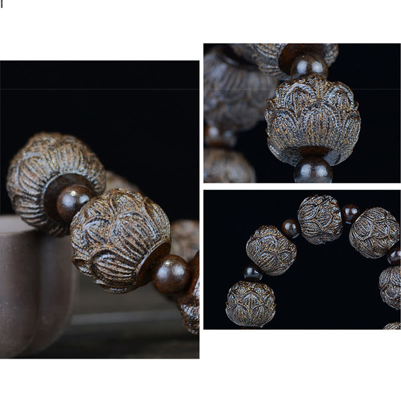 Ebony Wood Balance Bracelet with Lotus Dragon & Arhats