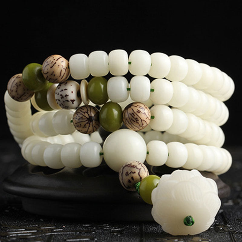7x9mm White Jade Bodhi Lotus Mala Harmony Bracelet