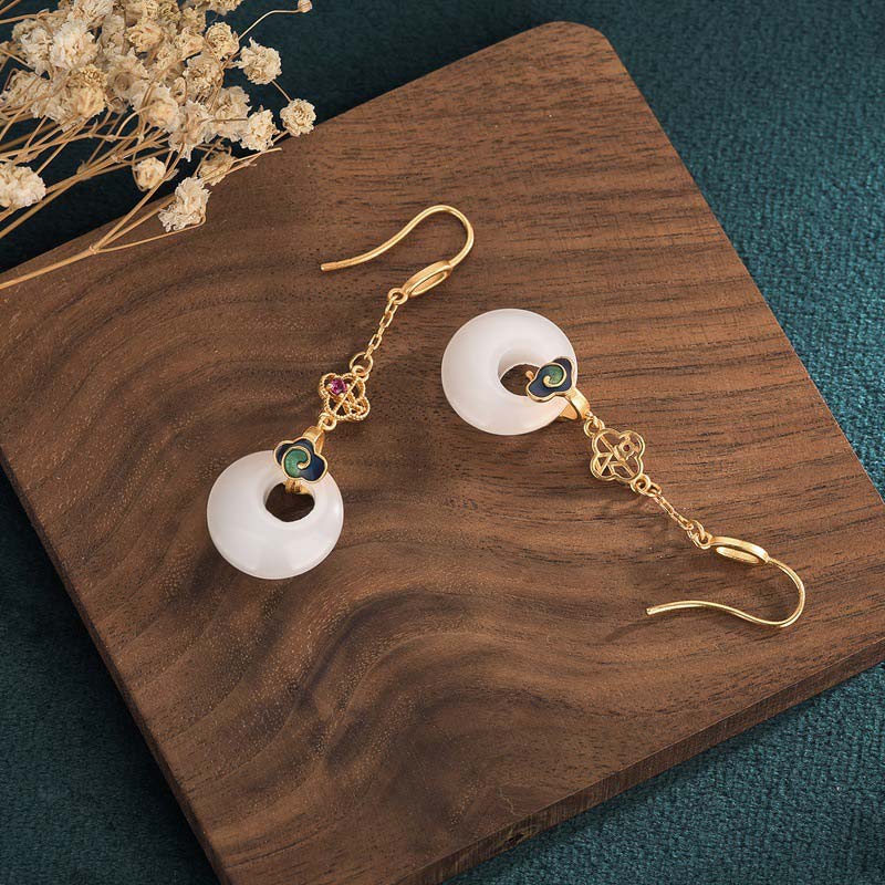 White Jade Blessing Drop Earrings for Protection & Luck