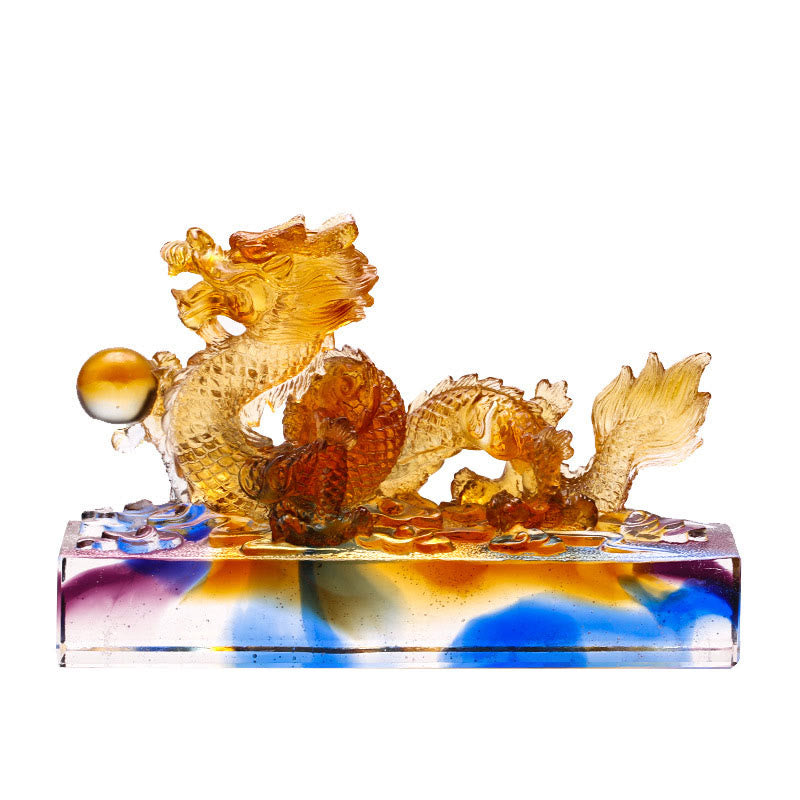Multicolored Liuli Chinese Dragon Statue 6.3 Inch Feng Shui Piece