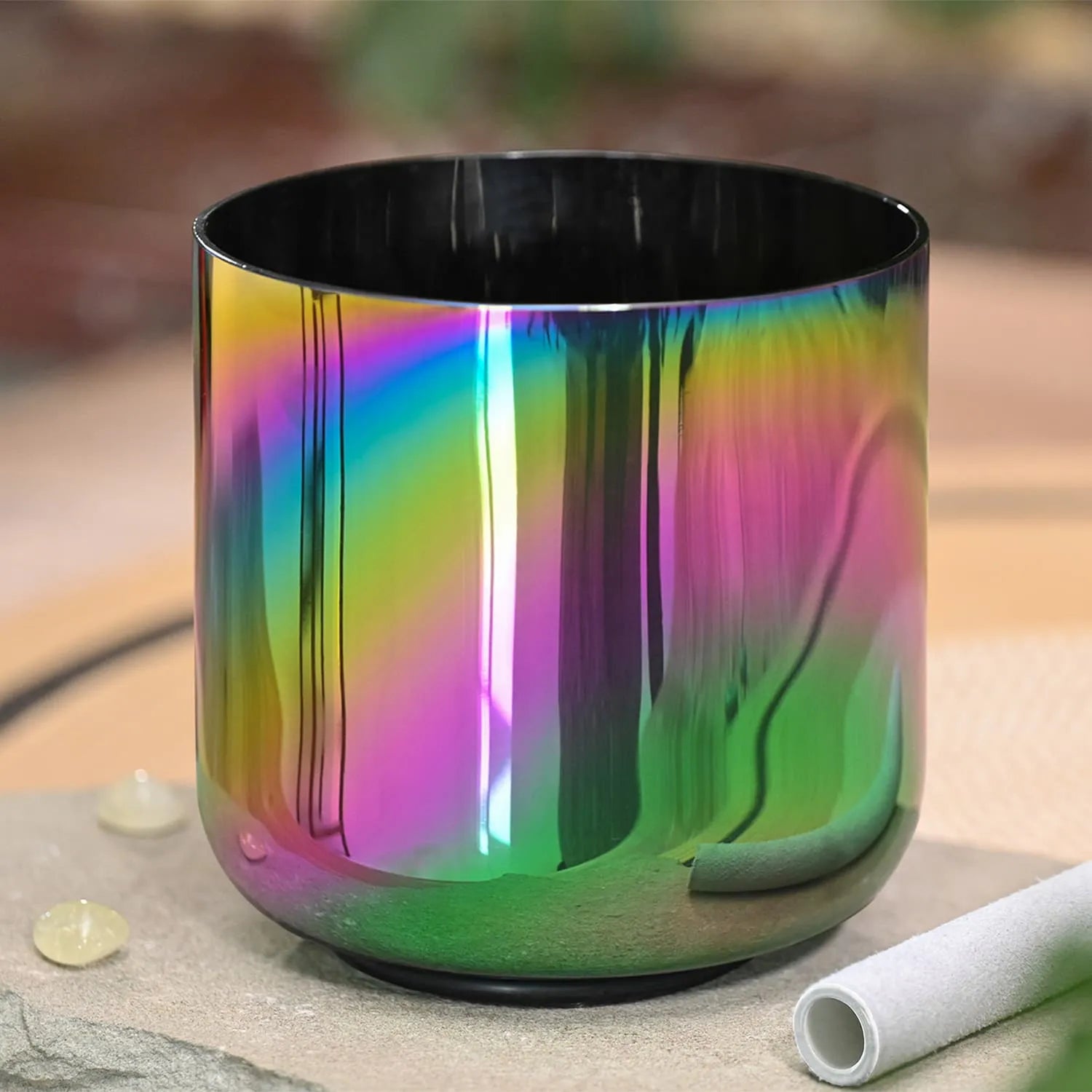 Iridescent 6-7 inch Aurora Borealis Crystal Singing Bowl with rainbow metallic finish