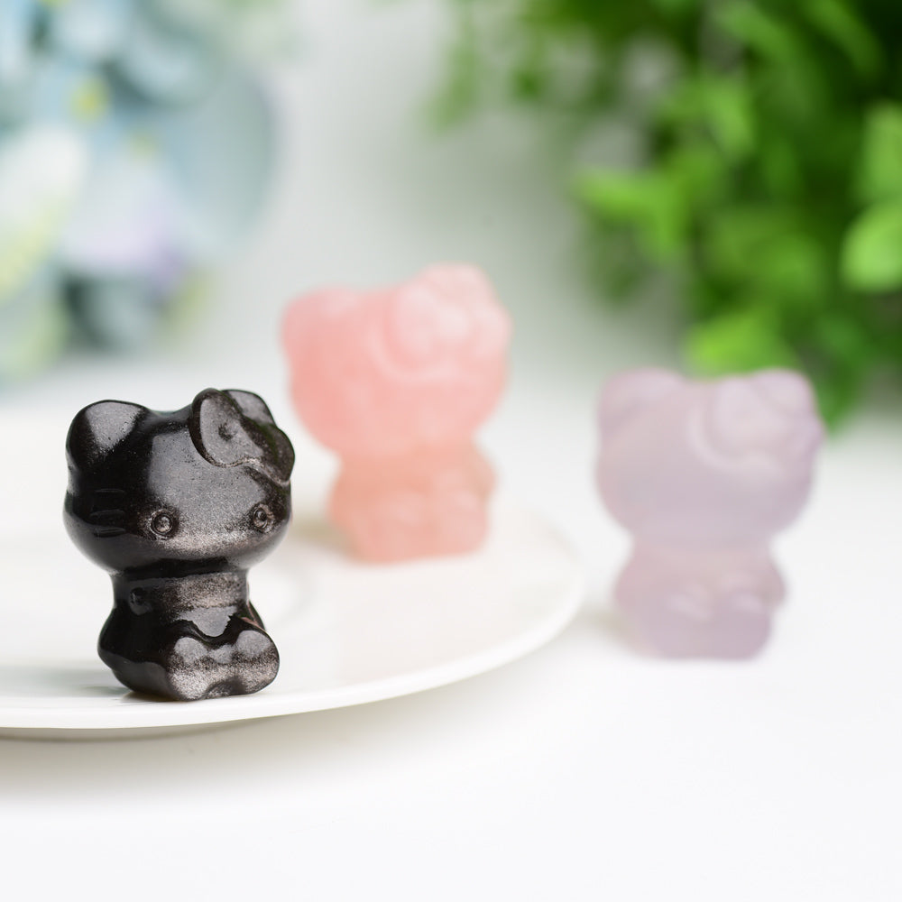 1.3" Fluorite, Rose Quartz & Silver Obsidian Hello Kitty Crystal Figurines