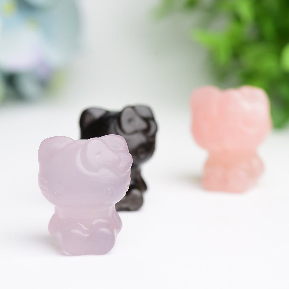 1.3" Fluorite, Rose Quartz & Silver Obsidian Hello Kitty Crystal Figurines