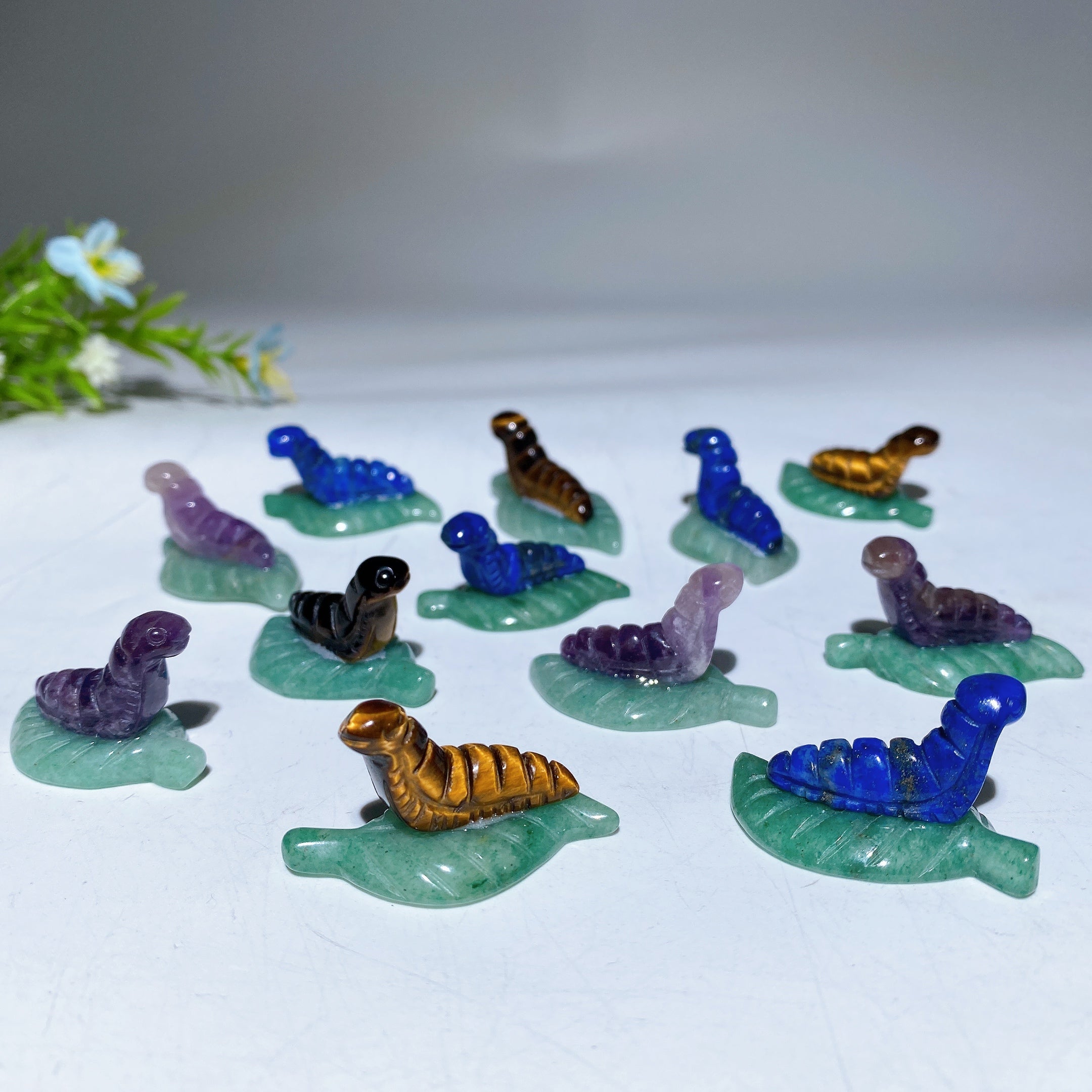 1.3 inch Green Aventurine Leaf Crystal Silkworm Figurine