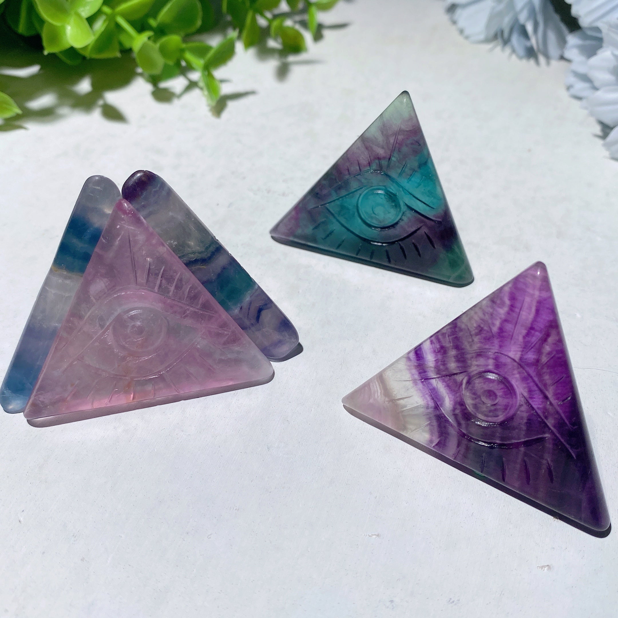 1.6" Fluorite Triangle Slab with Horus Eye Carvings