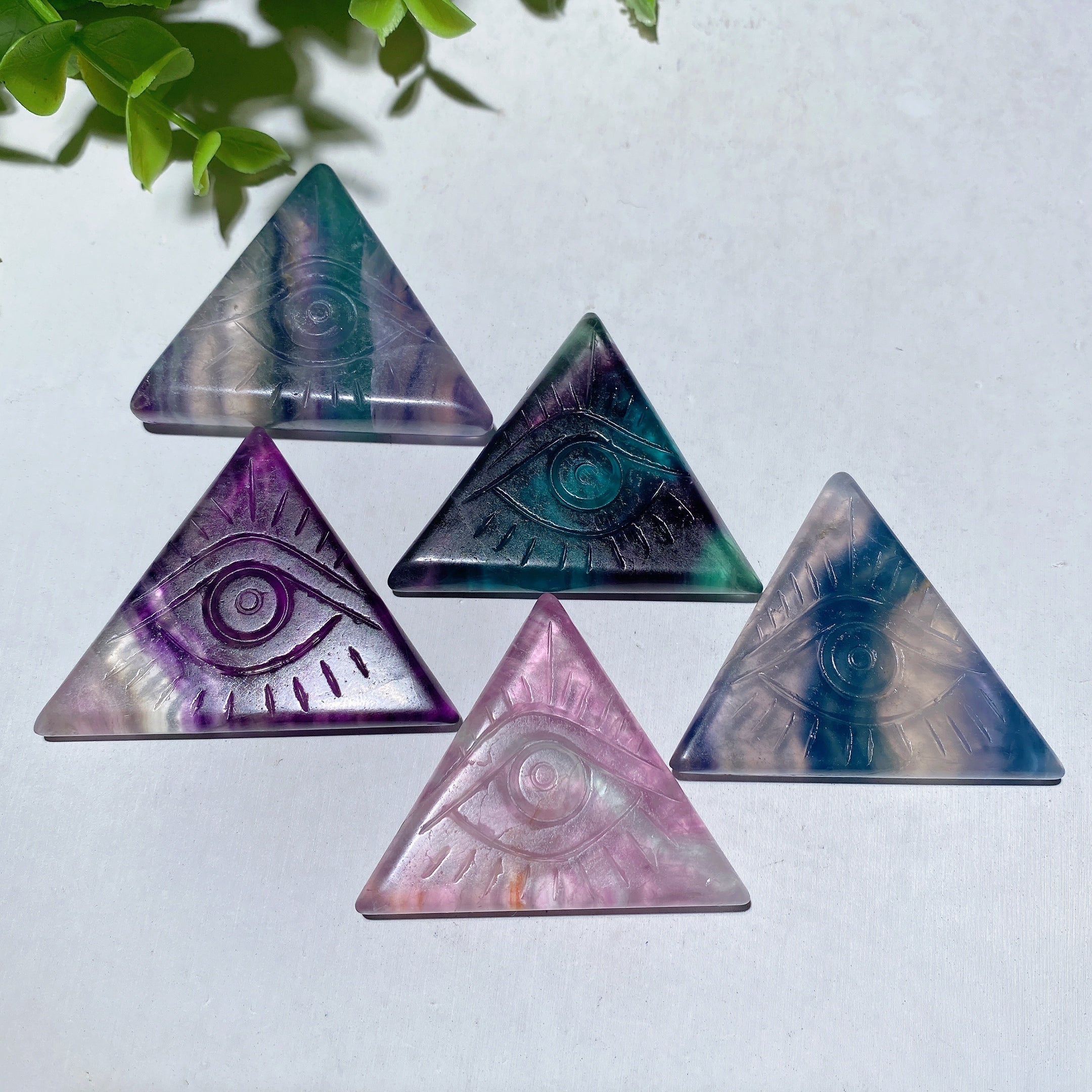 1.6" Fluorite Triangle Slab with Horus Eye Carvings