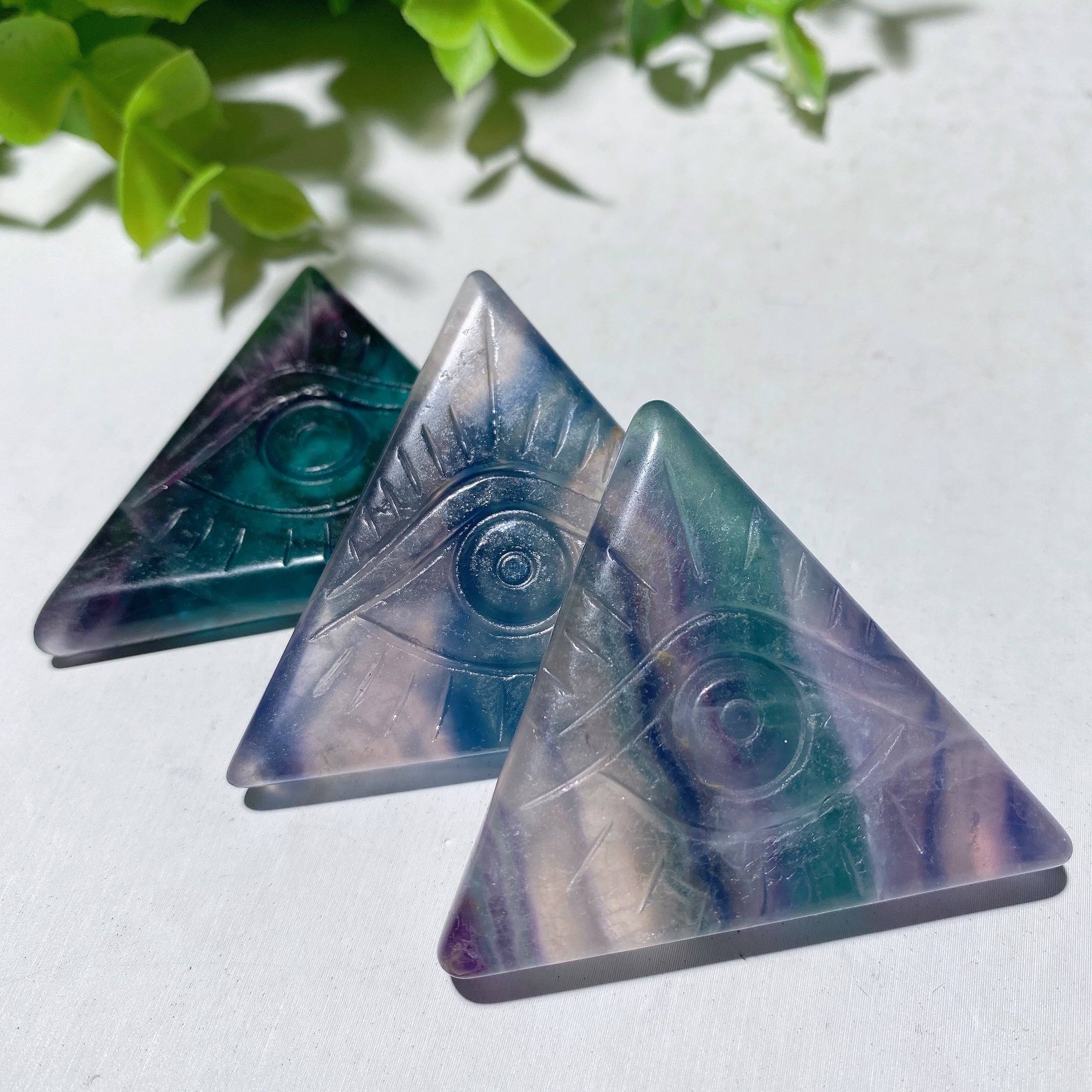 1.6" Fluorite Triangle Slab with Horus Eye Carvings