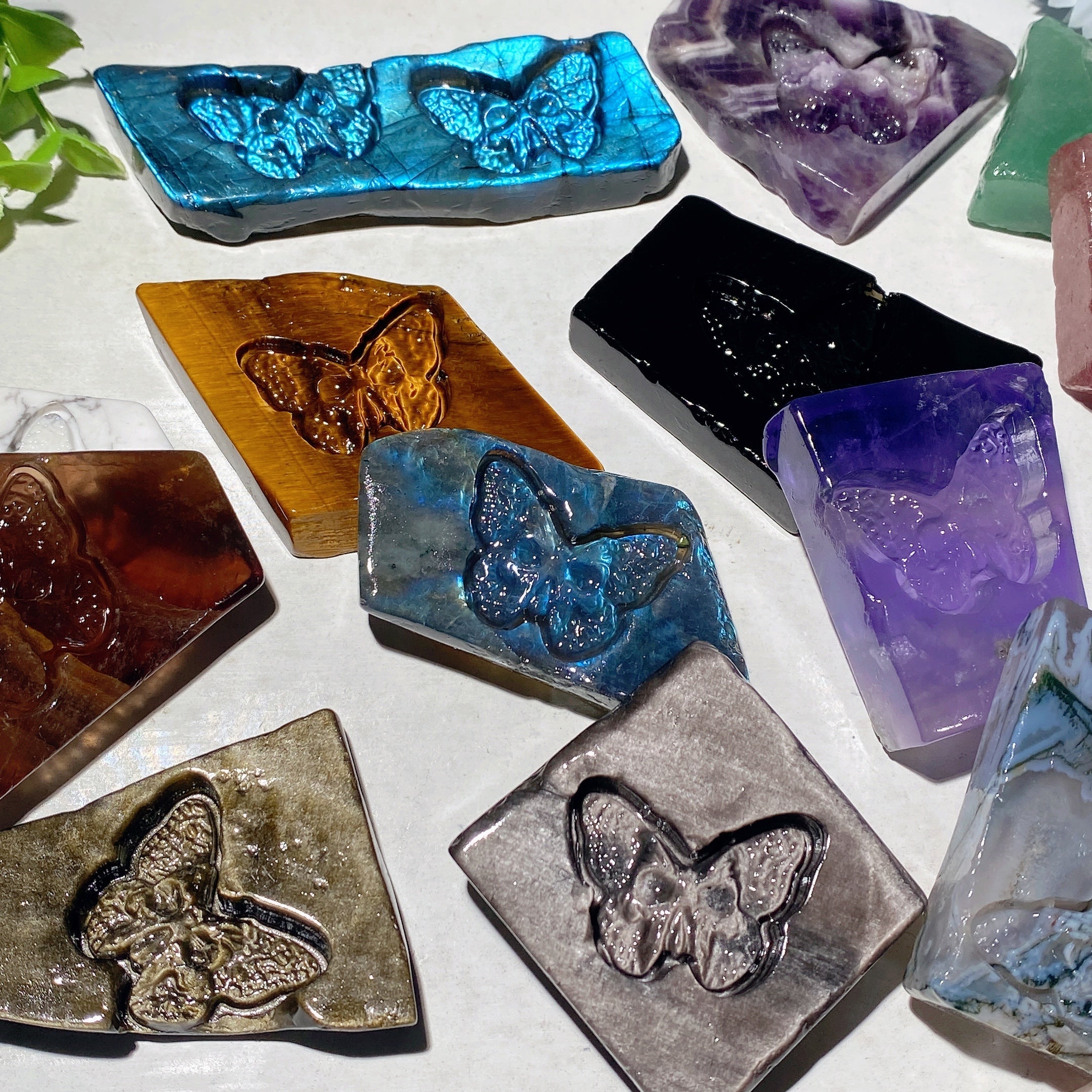 1.8-2.2 inch Mixed Crystal Slabs with Butterfly Skull Carvings