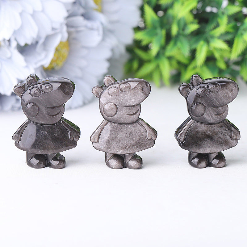 1.8 Inch Silver Obsidian Pig Crystal Animal Carving