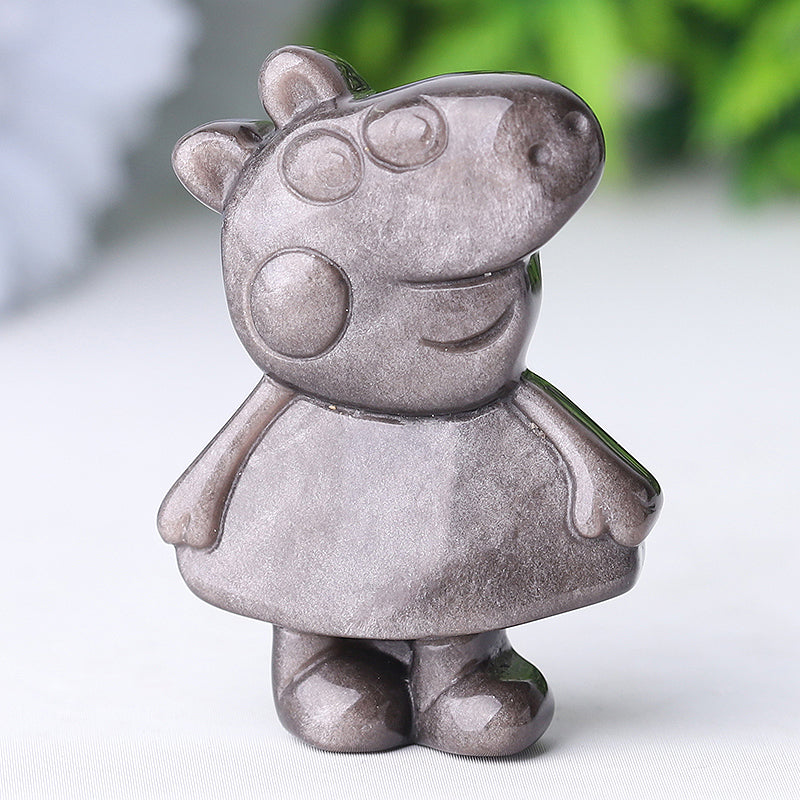 1.8 Inch Silver Obsidian Pig Crystal Animal Carving