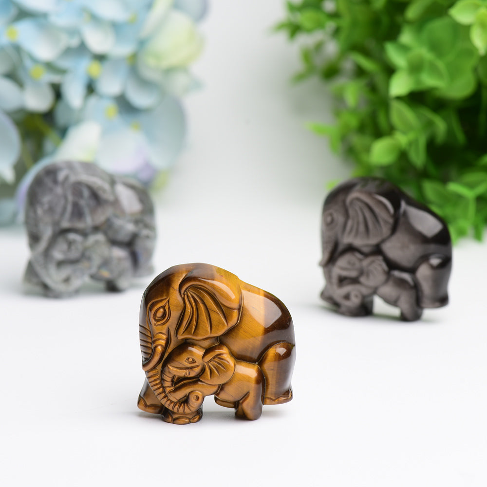 1.85 Inch Labradorite Elephant Carving - Mother & Baby