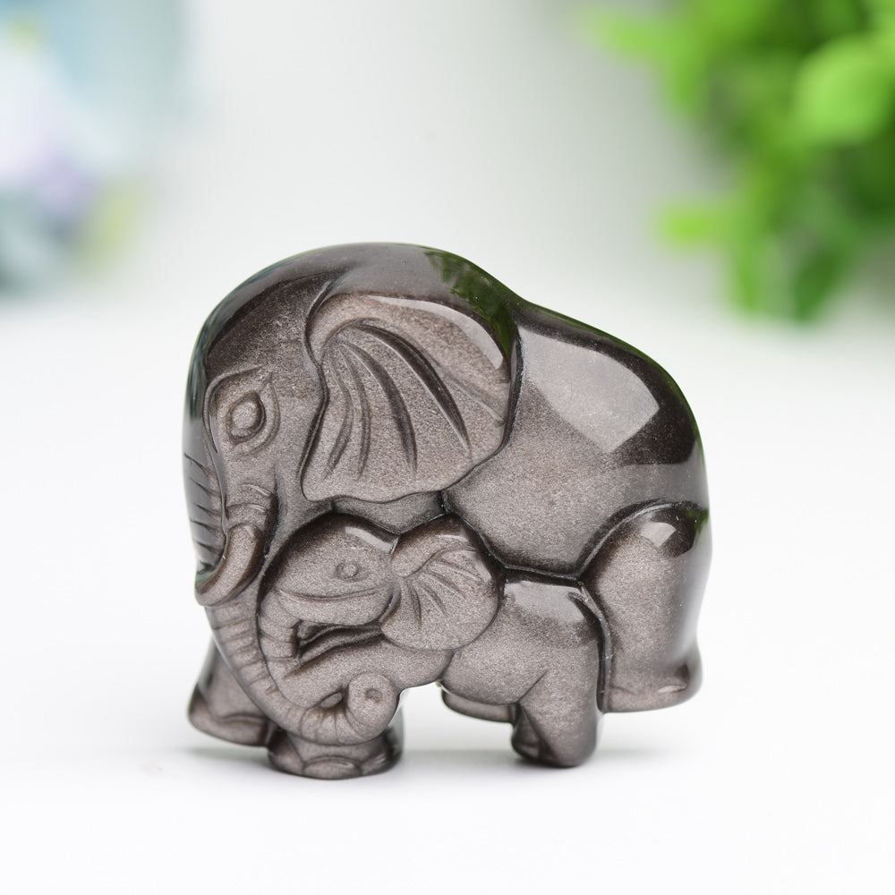 1.85 Inch Labradorite Elephant Carving - Mother & Baby