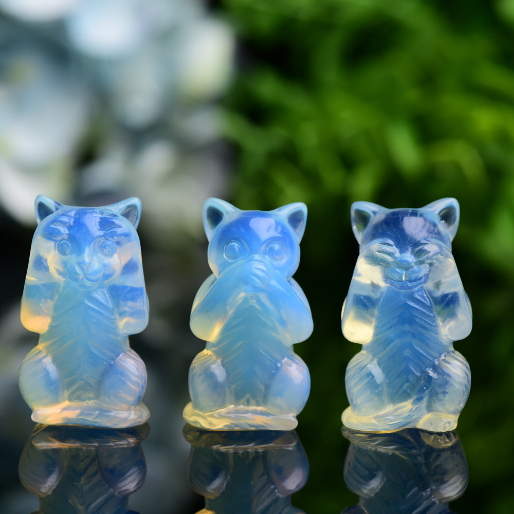1.9" Opalite Crystal Cats Carving Hear See Speak No Evil