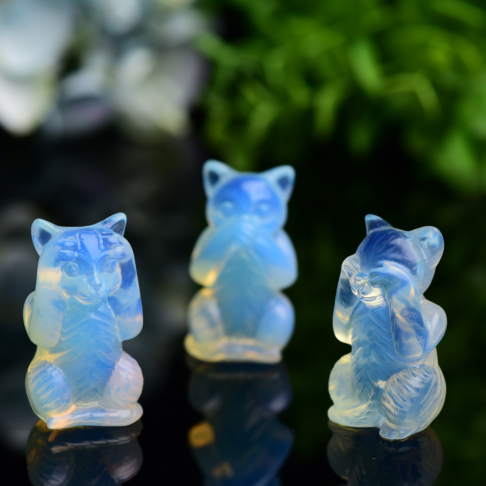 1.9" Opalite Crystal Cats Carving Hear See Speak No Evil