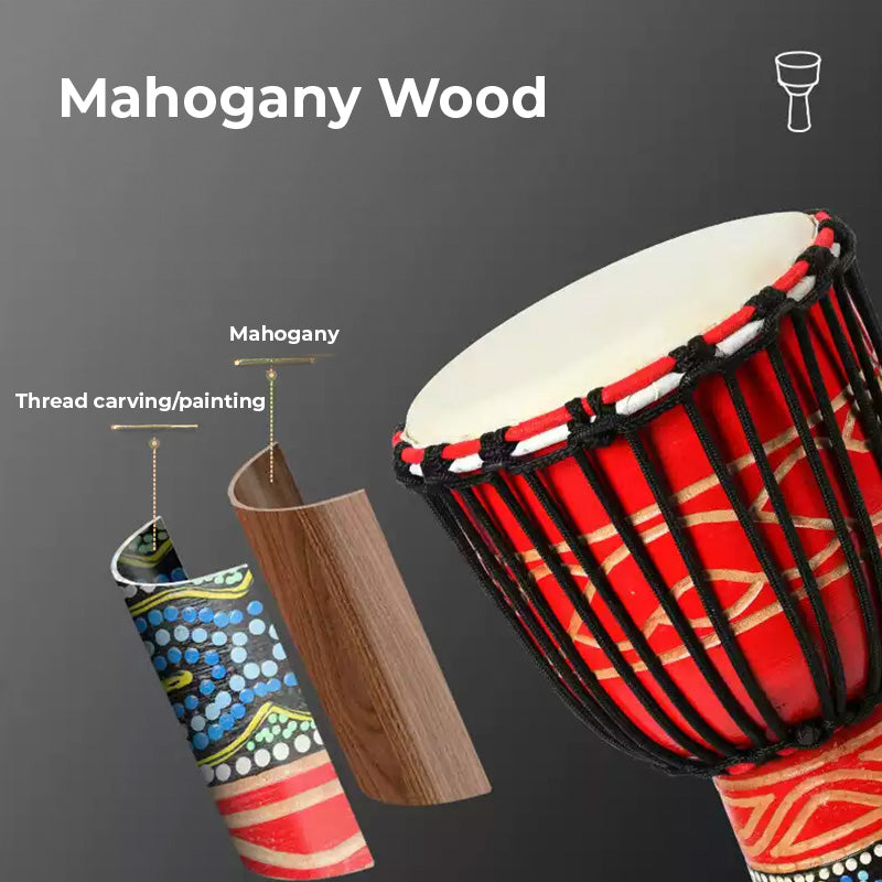 Mahogany Djembe Drum with colorful patterns and intricate thread carvings