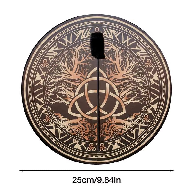 Circular slip mat with Celtic triquetra, tree designs, and geometric patterns for drum