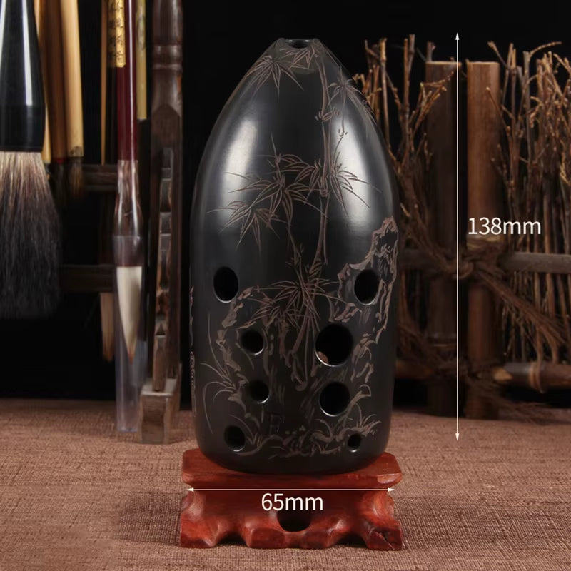 Black ceramic 10-Hole Ocarina with etched bamboo designs and multiple finger holes